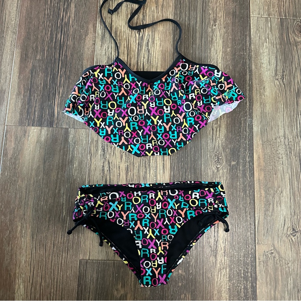 ROXY girl 2-piece bikini size 14 colorful logo flutter top swimsuit beach surf